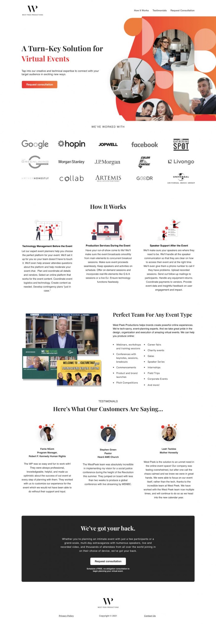 Snapshot of West Peek Productions landing page